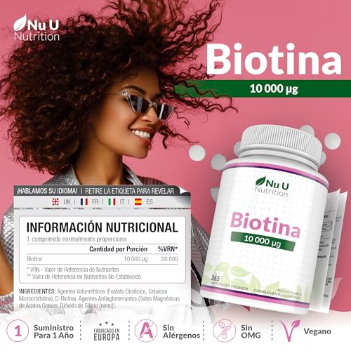 Miniatura 2 de Biotina para el Cabello 10,000 mcg - 365 Comprimidos Veganos - 1 Año de Suministro - Vitamina B7 para Mujer y Hombre - Biotina para Piel, Uñas y Barba - Nu U Nutrition