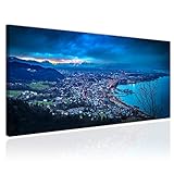 Topquadro XXL Wandbild, Leinwandbild 100x50cm, Bodensee, Alpen, Berge und See, Nachtlandschaften, Lichter - Panoramabild Keilrahmenbild, Bild auf Leinwand - Einteilig