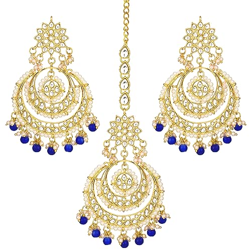 Image of Peora Traditional Jewellery Rhodium Kundan & Pearl Maang Tikka Earring Set for Women Girls