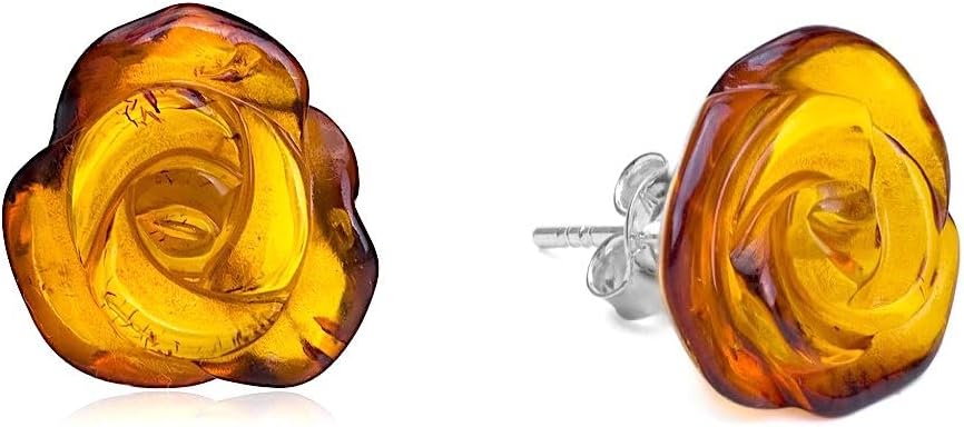 Ian and Valeri Co. Amber Sterling Silver Carved Rose Stud Earrings