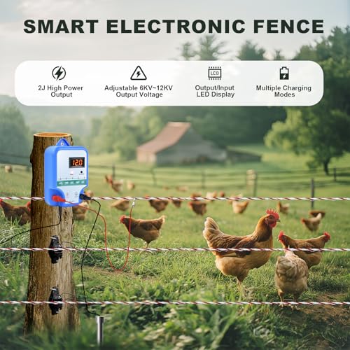 Weidezaungerät mit Weidezaun Seil 200 m,230V Elektrischer Weidezaun 2Joule Output,12kV 15KM Elektrozaun für hunde hühner pferde Ochse Schaf Schwein Geflügel,Vieh,Steuergerät zum Schutz von Gärten