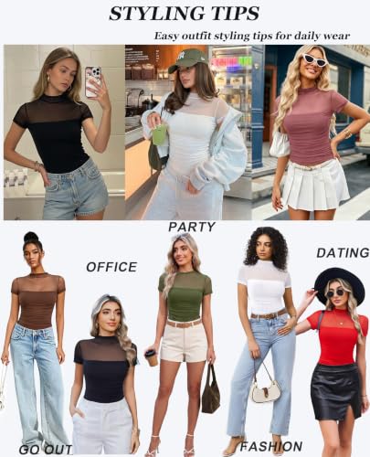 Image of Avidlove Women's Short Sleeve Bodysuit Turtle Neck Body Suits Mesh One Piece Leotard Going Out Tops Date Outfits