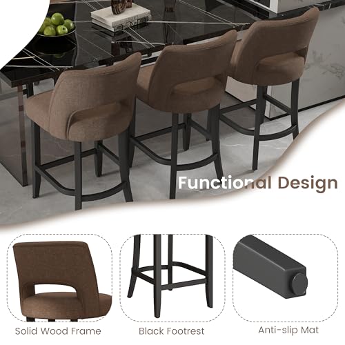 Image of VKNOW Bar Stools Set of 6, 26 inch Upholstered Counter Height Bar Stools, Modern Counter Stools with Black Legs for Kitchen Island Dining Room Bar, Brown-Black Legs