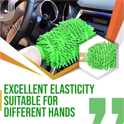 Image of Btag Double Sided Microfibre Wash Mitt Cleaning Gloves (2 Pcs, 2400 GSM, Size 26 X 19 Cm, Extra Large, Super Absorbent, Big Chenille Mitt Glove) (Green)