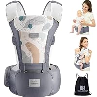 Bebamour Baby Carrier with Hip Seat, Newborn to Toddler 0–36 Months, Ergonomic Infant Carrier with Adjustable Waist Belt, Head Hood, Teething Pads & Waist Extender, Grey