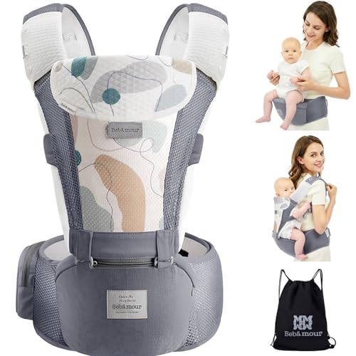 Bebear Baby Carrier, Bebamour Baby Carrier for 0-36 Months, 3D Air Mesh Baby Carrier Backpack for Newborns to Toddlers, Ergonomic 6-in-1 Front Carrier (3D Air Grey with Design)