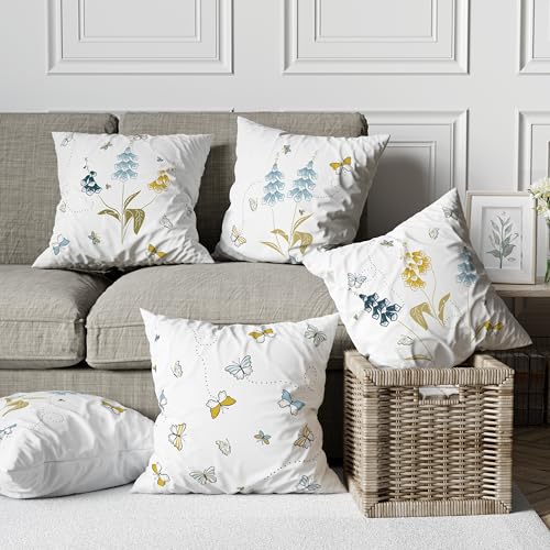 Image of Tranquebar Curtain Co.Butterfly & Floral Printed Canvas Cotton Cushion Covers (Titli-Blue) Set of 5-16 inch x 16 inch