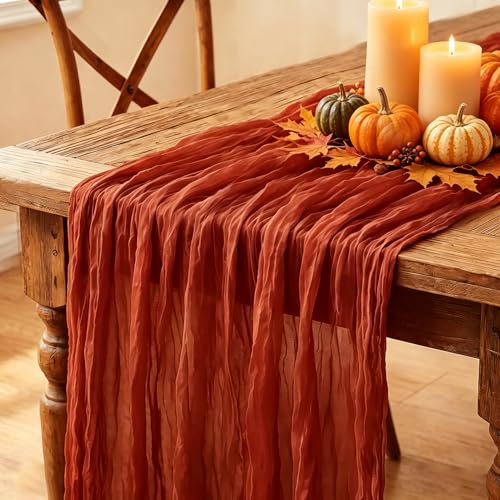 3Pcs Fall Table Runner, 10FT Thanksgiving Cheesecloth Table Runner 35*120inch Terracotta Table Runners for Fall Wedding Baby Shower Friendsgiving Thanksgivig Home Kitchen Table Decorations