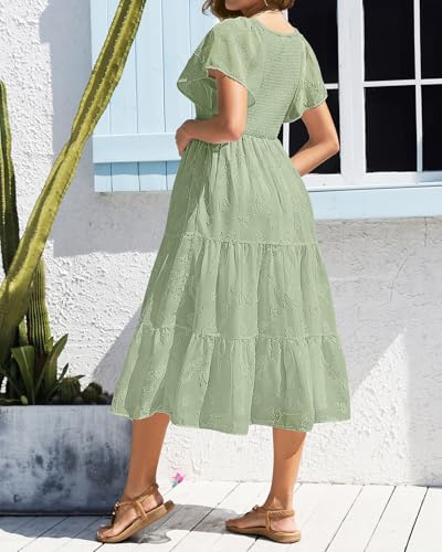 Image of Pinup Fashion Maternity Summer Dress Baby Shower Easter Pregnancy A-Line | Smocked V-neck, flutter sleeves, breathable floral fabric, bump friendly, perfect for photoshoot, spring casual,postpartum