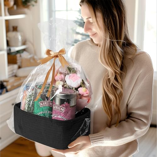Image of MEGASKET Small Shelf Storage Baskets for Organizing, 3 Pack Mini Woven Storage Bins for Dog Toy, Book, Decorative Cotton Rope Nursery Closet Organizer, Gift Baskets Empty, 11.8 inchx7.9 inchx4.7 inch, Black