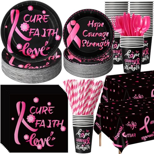 Image of Funnymoom 452 Pcs Breast Cancer Awareness Decoration Black Pink Cure Faith Love Paper Plates Napkins Cups Tablecloth Cutlery Straws for Breast Cancer Awareness Month Women Charity Activities Supplies