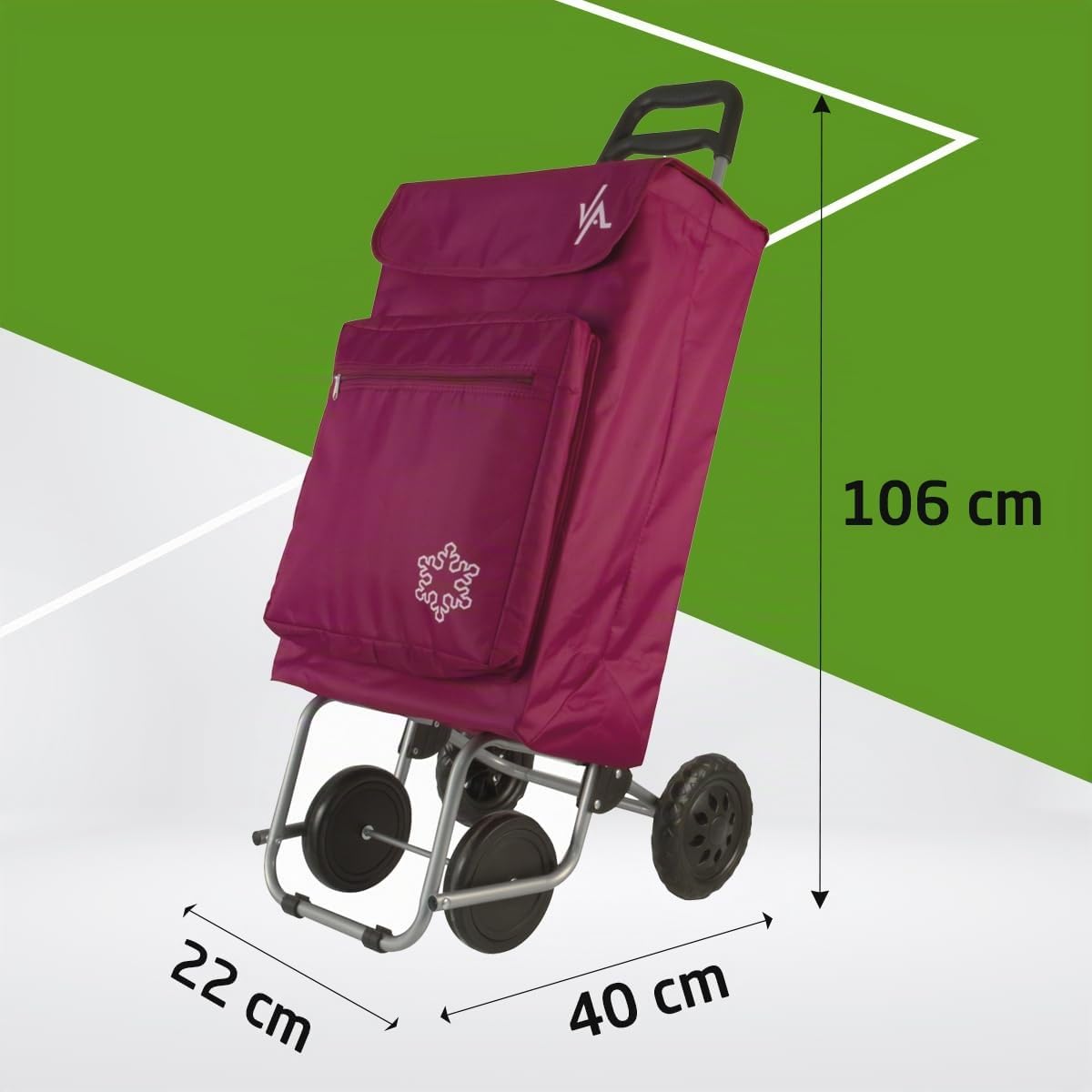 Amig - Carrello spesa - Carrello spesa 4 ruote - Pratico e capiente con tasca esterna - 22 x 40 x 106 cm - Tessuto/Metallo - Rosso