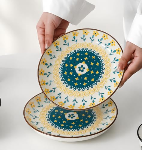 Image of Premium Ceramic Pasta Plates with Elegant Blue & Yellow Floral Design, Deep Serving Plates for Pasta, Salad, Noodles, Biryani & Desserts, Microwave & Dishwasher Safe (Blue, White, Pack of 2)