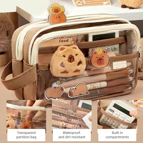 Image of Cute Capybara Pencil Case, Stationery Pouch Set with 10 Stickers+2 Brooches+1 Doll+2 Clip+1 Notepad+1 Keychain+4 Pens, Cartuchera De Capibara