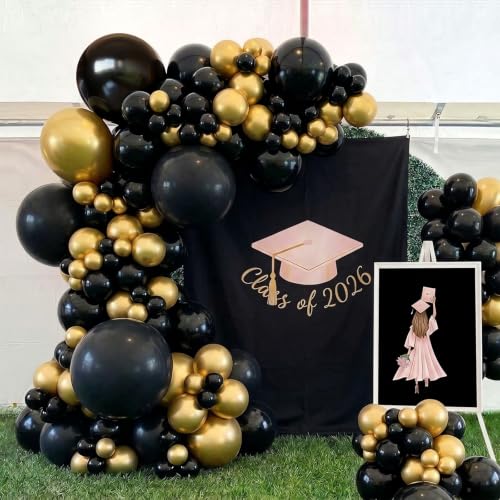 Image of YMSZ Black and Gold Balloons, 100pcs 12Inch Graduation Birthday Balloons | Black and Gold Birthday Decorations for Men Graduation 2026, Retirement, New Year, Birthday, Anniversary Party Decorations