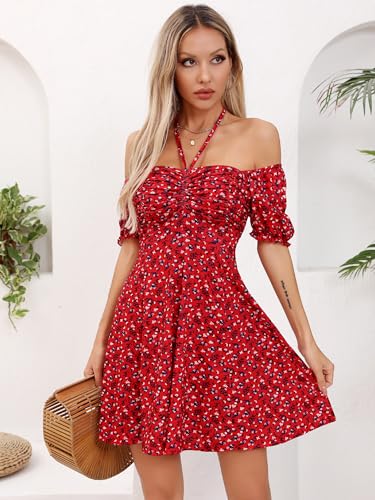 Missufe Women's Puff Short Sleeve Fit and Flare Casual Drawstring Floral Mini Sun Dresses 2025 Summer Vacation4