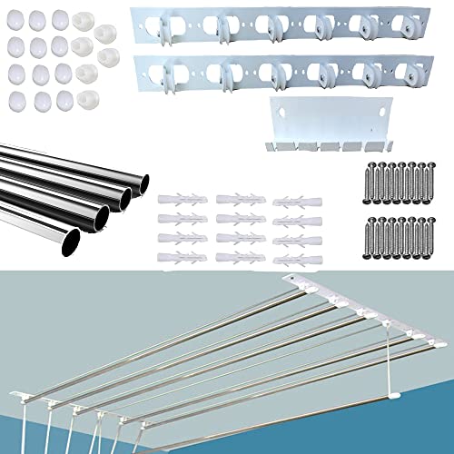 Image of UR LITTLE SHOP Rust Proof Stainless Steel Ceiling Clothes Hanger Cloth Drying Hanging Stand for Balcony Individual Dropdown Railers Nylon Ropes 8 Feet X 6 Pipes with A Cloth Hanging Rope SLUCS6
