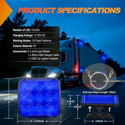 Image of Nilight Magnetic Strobe Lights 2PCS Blue 12 LED Rechargeable Emergency | 18 Flash Patterns Waterproof Hazard Beacon Wireless Warning Light for Trucks Trailers Snow Plows Buses Cars
