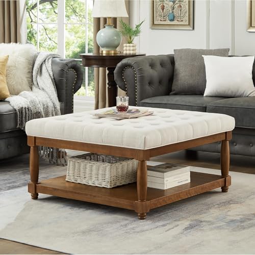 GDFStudio Large Square Upholstered Tufted Linen Ottoman Coffee Table with Solid Wood Frame and Open Storage Shelf, Nailhead Trim Accent Footrest for Living Room, Ivory