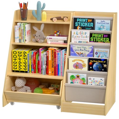 MFXLGO Kids Bookshelf and Toy Storage, 4 Tier Toddler Bookshelf with Movable Drawer, 5 Layer Sling Children Bookcase for Book Storage and Display