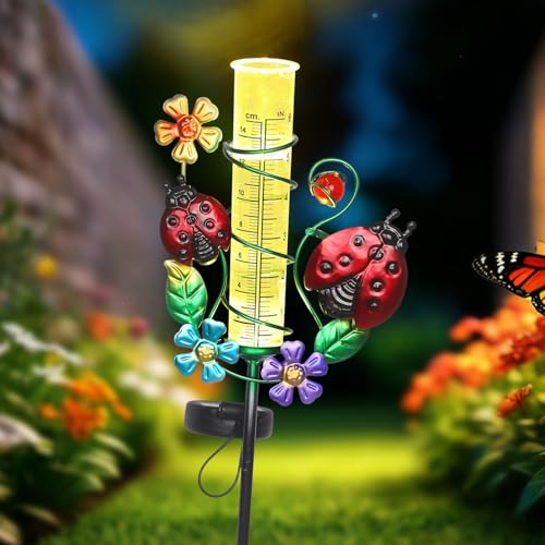 Rain Gauge with Garden Decor Stakes, Solar Rain Gauge Outdoor for Yard and Garden, Easy-Read Ladybug Detachable Rainfall Meter with Solar Lights