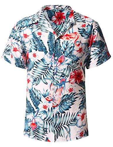 heekpek Camisa Hawaiana Hombre Manga Corta Verano Colores Camisa Hawaiana Estampada de Palmeras Flores Casual Playa Camisas Hawaianas, Flor de Blanco, XXL