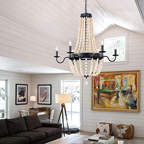 Wellmet 32 Inch Wood Beaded Chandelier, 6 Lights Farmhouse Chandelier Crystals, Boho Light Fixture Ceiling For Bedroom Foyer Dining Room, French Empire Pendant Lighting Black Finish And White Beads #TOP21