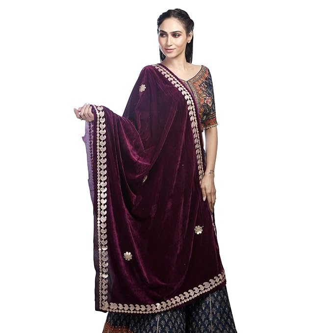 Women's Dupatta Embroidered Velvet Dupatta With Gota Patti Stole Beautiful Scarf Scarves For Womens Wear- 2.25 Meter Length2