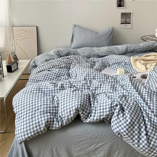 Odot Plaid Rayas Juego Ropa de Cama 4 Piezas, Microfibra Juegos de Funda para Edredón con Funda de Nórdico, Sabana Bajera Ajustable y Funda de Almohada (Sabana Bajera 180x200cm,Azul Claro)