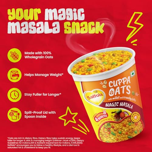 Image of Saffola Cuppa Oats, Magic Masala | Tasty Mazedaar Snack | Just add hot water | Goodness of Jowar & Veggies | No Maida, No Added Preservatives | Helps Manage Weight | 52g (Pack of 3)