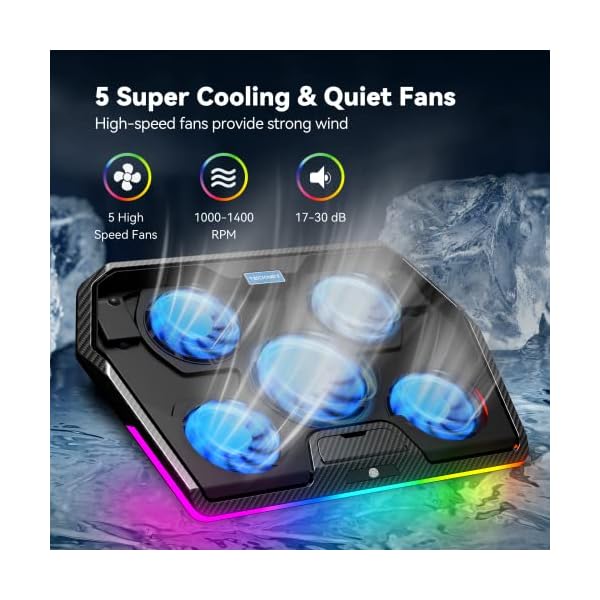 TECKNET Laptop Cooling Pad,RGB Laptop Cooler With 5 Quiet Fans,Gaming Laptop Cooling Stand with Touch Button and 2 USB Ports,3 Height Adjustable Laptop Fan fits 12"-19" Notebooks - Image 3