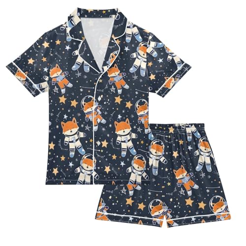 ALAZA Astronaut Fox Star Black Pajamas Satin Pajama Set Short Sleeve Button Down Sleepwear