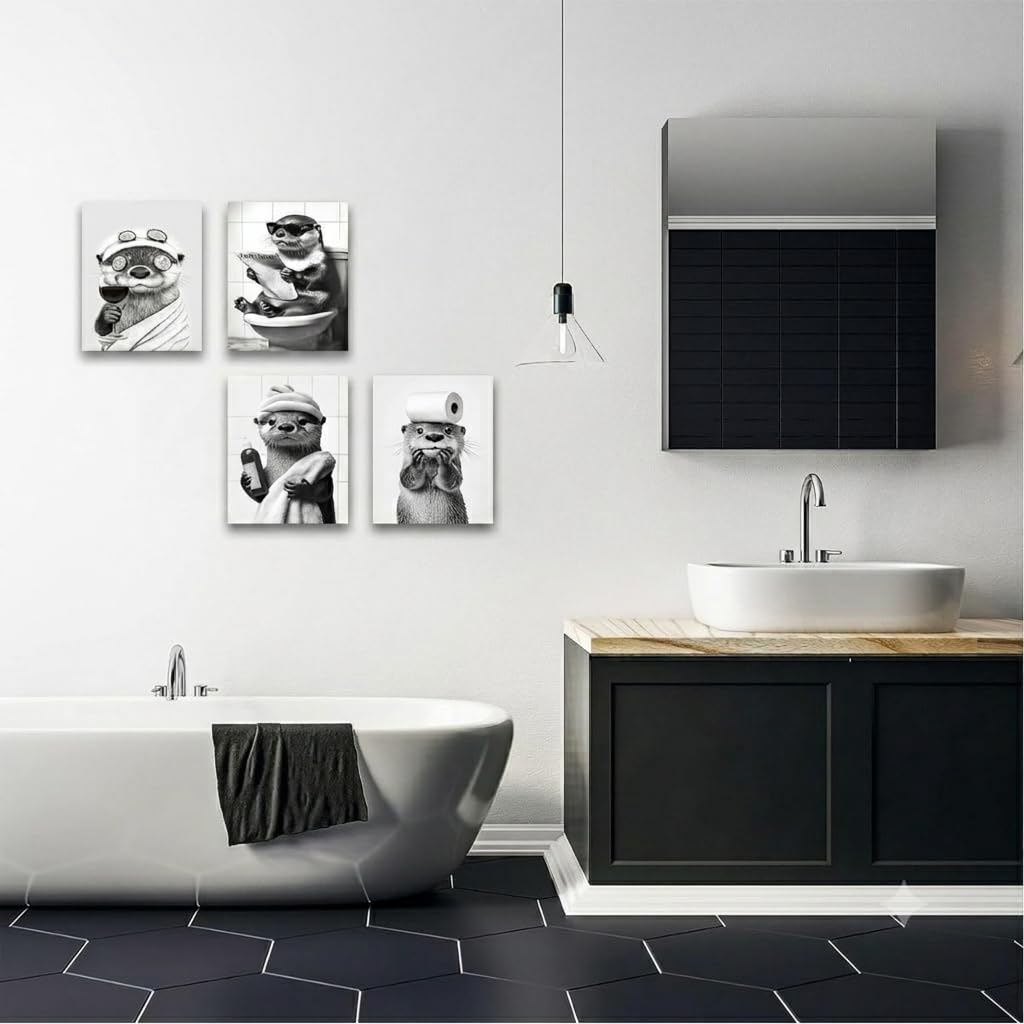Dazzlewall Incorniciato Set di 4 Pezzi Quadro Bagno Lontra Divertente, Poster Retro in Bianco e Nero con Lontra Carina per Toilette Bagno 20×25 cm
