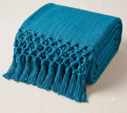 Image of HAKAM Cotton Throw Blanket with Macrame Tassels for 3 Seater Sofa | Ideal for Your Home, Living Room, Sofa, Bed, Chair, Picnic & Used for Gift - 50X70 inch (Peacock Blue, 128x178 cm)
