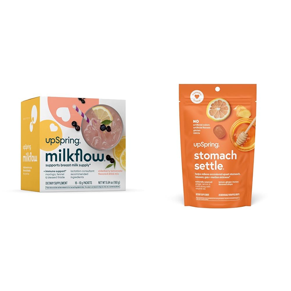 UpSpring Stomach Settle Drops, Honey Flavour, 28 Ct+Milkflow Breastfeeding Supplement Drink Mix with Moringa & Blessed Thistle, No Fenugreek |Elderberry Lemonade Flavor|16 Drink Mixes