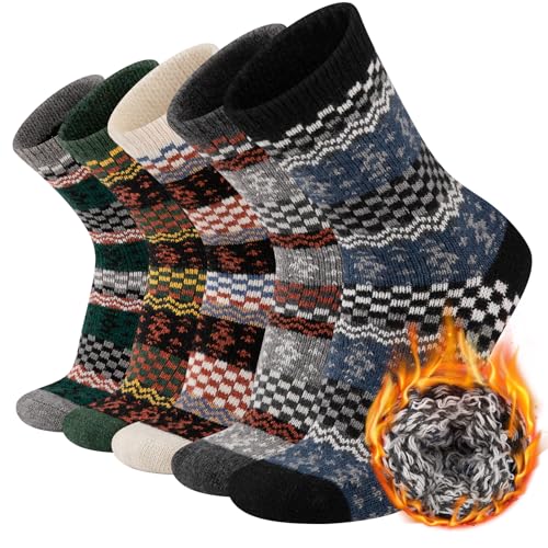 COOVAN Mens Warm Wool Socks Thermal Winter Thick Crew Socks Cold Weather Soft Cozy 5 Pairs
