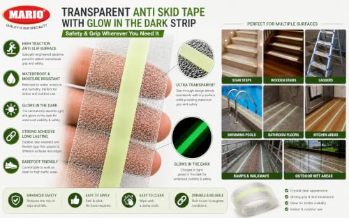 Image of Mario Transparent Anti-Skid Glow-in-the-Dark Tape Width 50mm x Length 5mtr (16.5 feet) | High Grip Waterproof Anti-Slip Safety Tape | Self Adhesive Tape for Stairs & Dark Areas | Pack of 1pc
