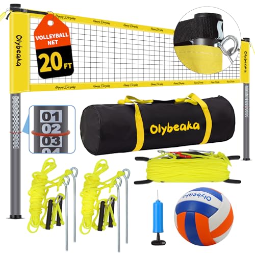 20ft Outdoor Portable Volleyball Net Set for Backyard Beach with Adjustable Heavy Duty Poles Durable Net PU Volleyball & Pump Carry Bag (Yellow 20ft)