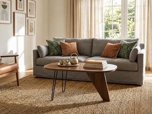 Image of REDWOOD Modern Coffee Table | Engineered Wood Top with Geometric Support & Sleek Metal Hairpin Legs | Modern Center Table for Living Room, Lounge & Apartment Furniture | Columbian Walnut & Black