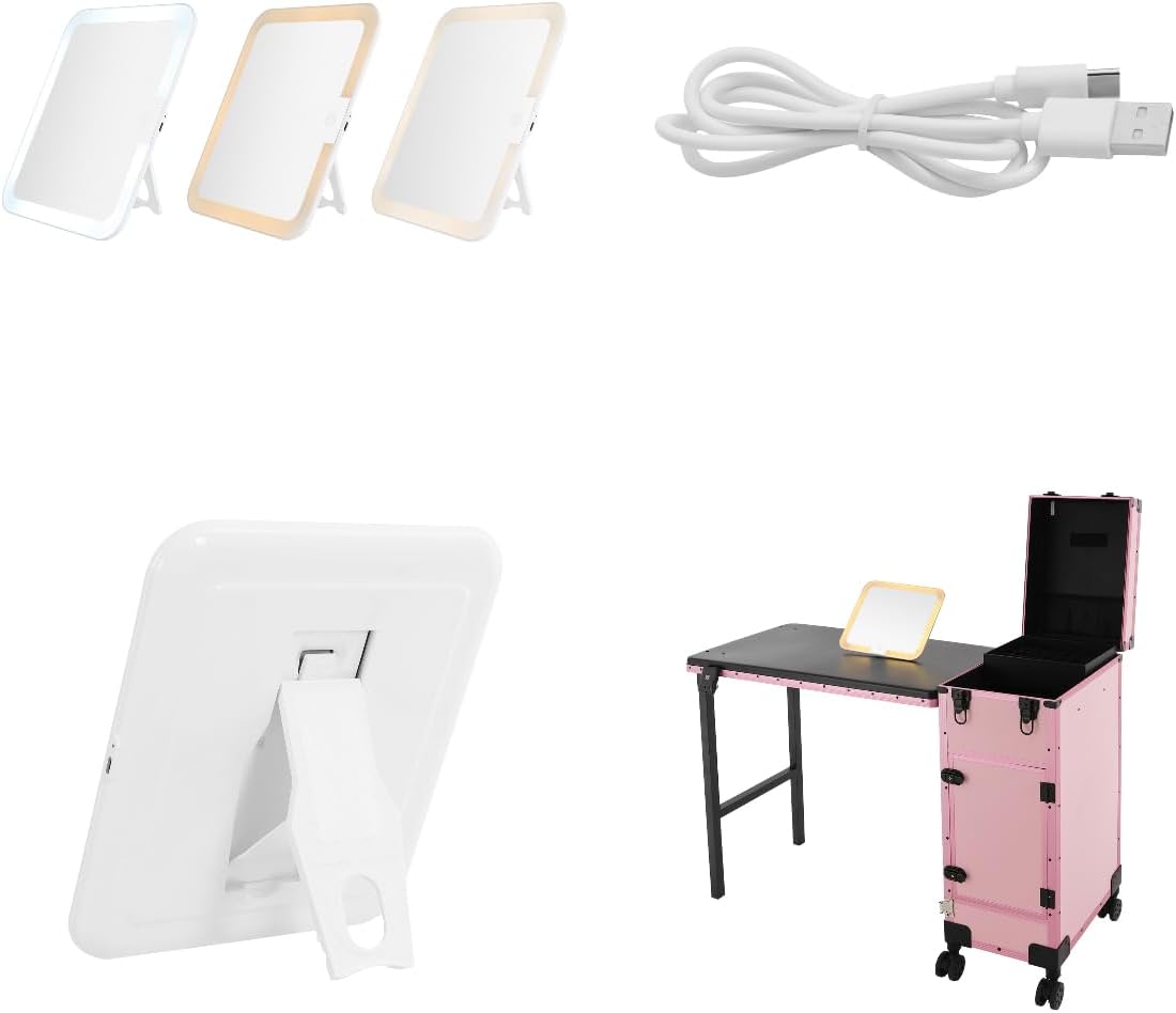 Rolling Manicure Table, Traveling Nail Tech Case with Table, Portable Nail Table with Storage, Lockable Travel Nail Desk with LED Light and Wheels for Barbers & Makeup Enthusiasts (Pink)