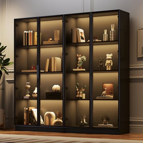 Vitrina de Vidrio de Doble Puerta con iluminación LED App Soporte gabinete Alto con estantes móviles gabinetes de Almacenamiento para Sala Estar Dormitorio Oficina baño aparador Negro 160x40x160 cm
