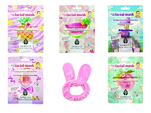Sheet Masks - Collagen Essence Full Face Facial Korean Face Mask - Korean Skin Care Beauty for Sensitive Skin with Bonus Headband (Variety 5 Pack)