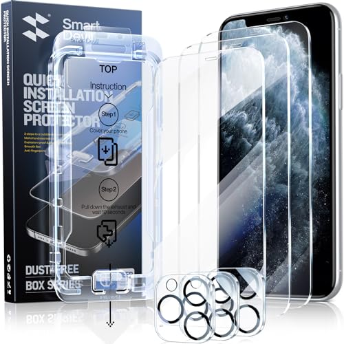 SMARTDEVIL 3-Pack Screen Protector for iPhone 11 Pro Max with 3-Pack Camera Lens Protector, Clear 9H Tempered Glass Film, Super Fast Installation (Dust-Free & Bubble-Free), Alignment Tool