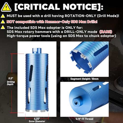 Image of 4 1 /4 inch Dry Core Drill Bit, 5 /8 inch-11 Thread, with 3 Adapters Included: SDS Plus, SDS Max and 1 /2 inch Hex Shank, 9.5 inch Drilling Depth, 4.25in Core Bits for Concrete, Brick, Block, Stucco and Masonry