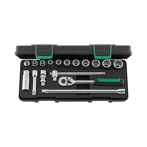 Stahlwille 96025204 Juego de llaves bihexagonales con trinquete, 17 piezas (1/4" - 13/16"), 3/8" (10mm), almacenados en estuche de plástico ABS,