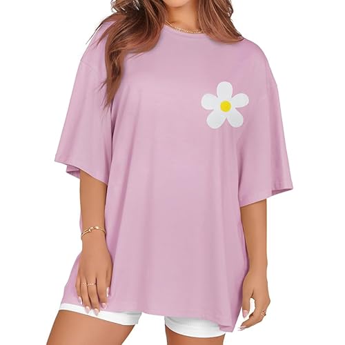 rosemia Oversized Tshirts for Women Summer Short Sleeve Round Neck Graphic Tee Shirt, Light Purple Flower, S