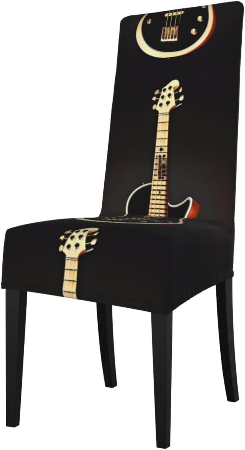 Black Guitar Prints Protection Cover for Dining Chair – Stretchy & Wrinkle-Resistant Chair Throw Covers for Dining Room, Hotel, and Event Decor