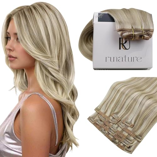 RUNATURE Extensiones de Cabello Natural Clip Extensiones con Clips Pelo Humano Marrón Claro con Rubio Platino Extensiones de Pelo Liso de Clip 12 Pulgadas/30cm 7 Piezas 80g #8P60