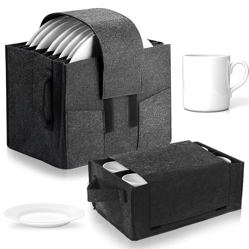 Kinberry 2PCS Plate Cup Storage Box, Camping Tableware Storage Felt Bag, Shockproof Plate and Cup Storage for Motorhome, Cupboard, Caravan, Kitchen Cookware Protection, Dark Grey