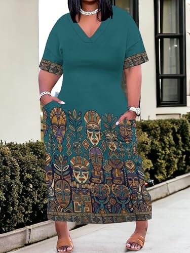 Image of Plus Size Maxi Dress for Women Short Sleeve V Neck Casual Loose Sundress with Pockets